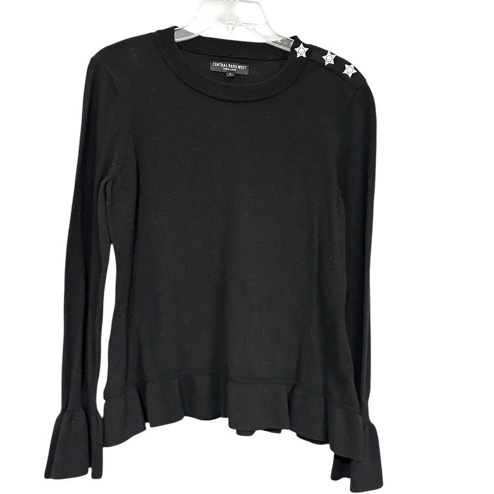 Central Park West Black Ruffle Hem Star Rhinestone Bell Sleeve Sweater Large